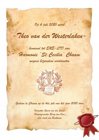THEO VAN DER WESTERLAKEN BENOEMD TOT ERE-LID VAN HARMONIE ST.CECILIA !